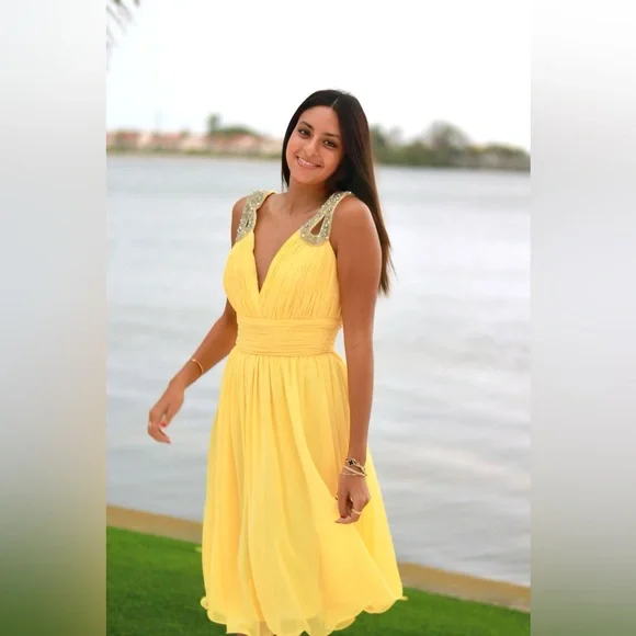 Milano Formals Dresses | Flowy Yellow V Neck Dress With Embellished Shoulders Nwt Milano Formals | Color: Yellow | Size: S | Milanoformals's Closet